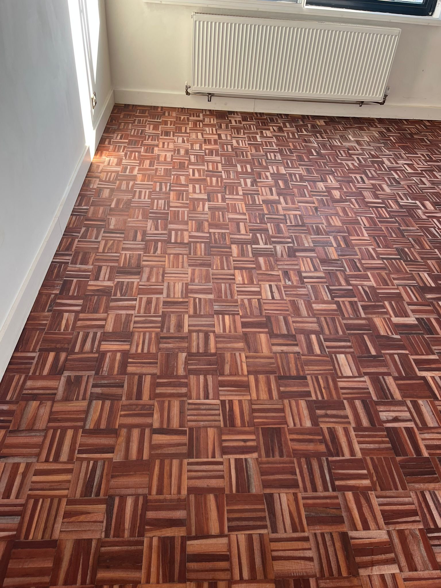 Sapele basketweave parquet restoration