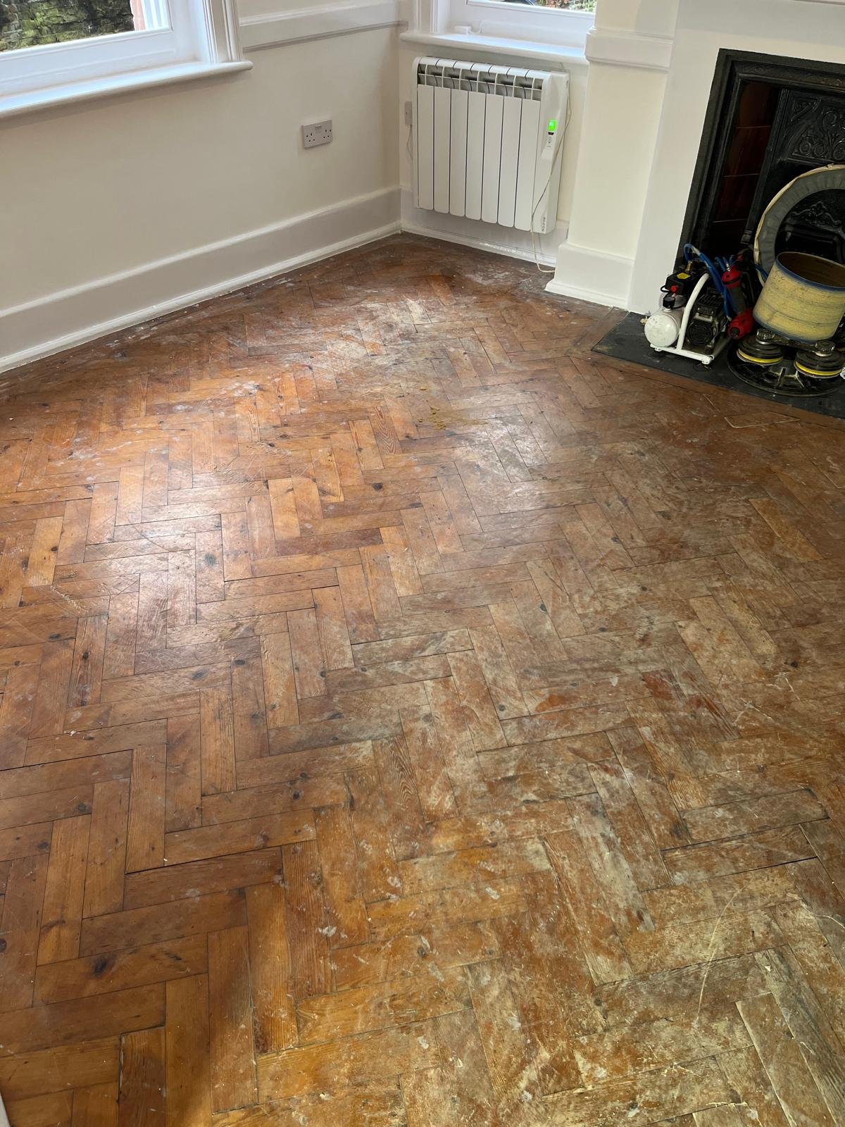 Pine parquet before restoration, Orpington